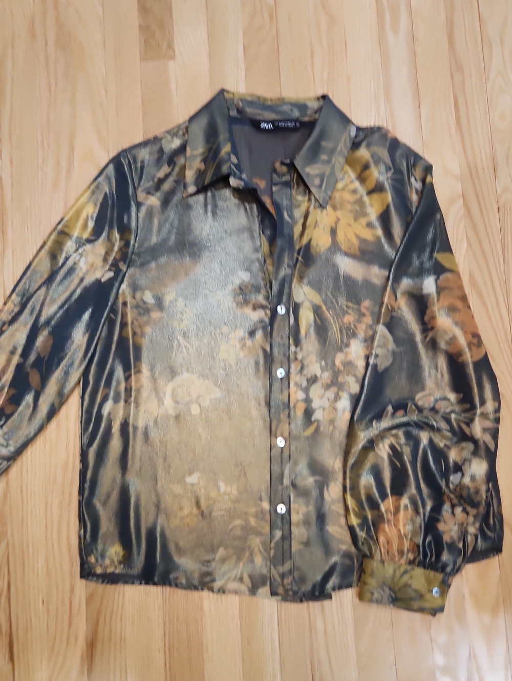 Zara Olive and Gold Floral Satin Button-Down Shirt